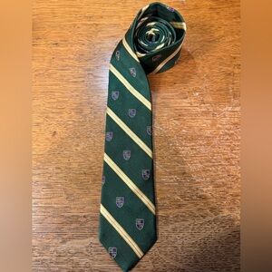 Brooks Brothers 346 Silk Green Gold Striped Club Crest Skinny Neck Tie